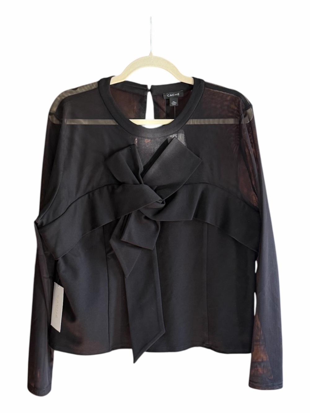 NWT CACHE Black Mesh Long Sleeve Tie Detail Top XL‎